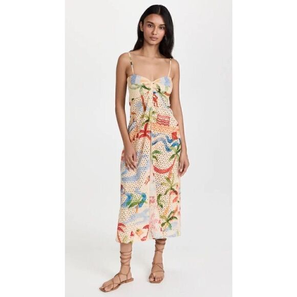 Anthropologie Farm Rio Copacabana Eyelet Dress Cover Up Tropical Midi XS NEW - Picture 7 of 16